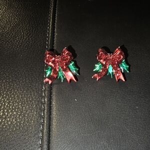 Sparkling Red and Green Bow Earrings